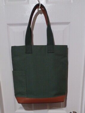 Rae Dunn Green Canvas Messenger Tote with Brown Trim